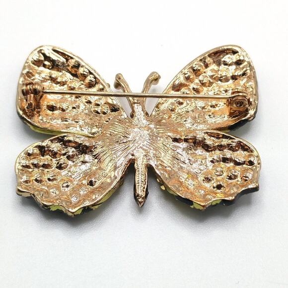 Vintage Butterfly Brooch Yellow Green Black Rhinestones Gold Tone Insect Pin - Picture 5 of 8